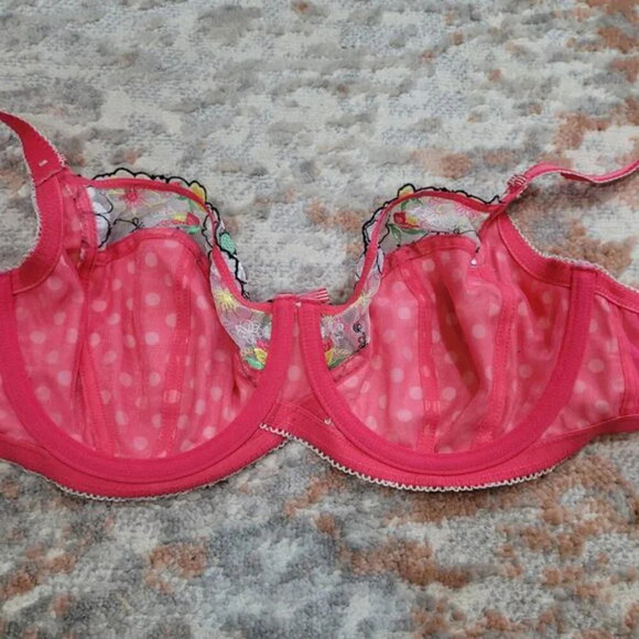 Debenhams Pink Polka Dot Bra with Floral Lace Accent - Size 30F - Picture 3 of 5